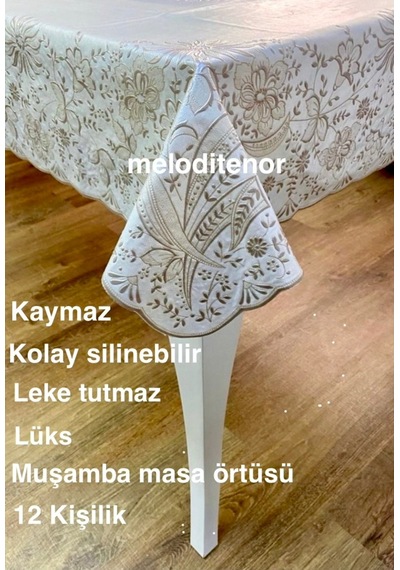 Meiwa İşleme Deri Görünümlü Kalın Büyük Dikdörtgen 12 Kişilik Pvc Muşamba Masa Örtüsü Bej