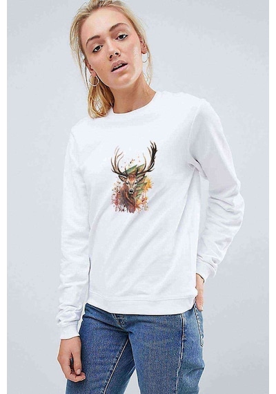 Watercolor Deer Baskılı Beyaz Kadın Sweatshirt (534805976)