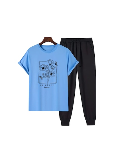 Uyguntarz Unisex Be Happy Tasarım Basklı Tshirt Eşofman Takımı Bebe Mavi