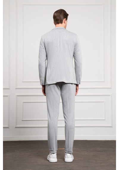 Morven Erkek Gri Poliviskon Trend Örme Çizgili Slim Fit Mono Yaka Takım Elbise 25ms001013100 Gri