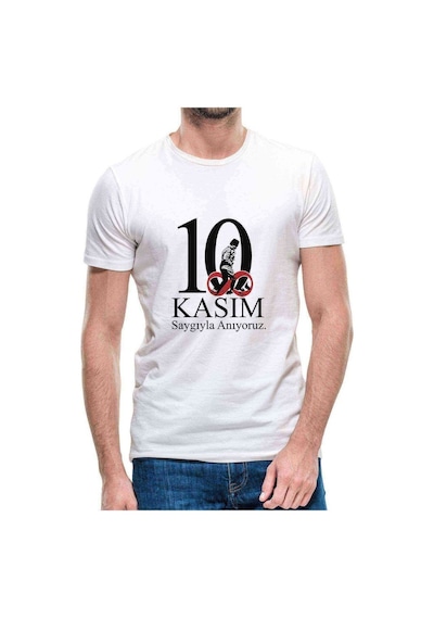 10 Kasım Anit Kabir Beyaz Zemin Baskılı Beyaz Erkek Tshirt (530993883)