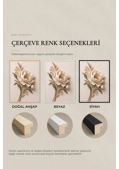Siyah Çerçeveli Ivory Meadow Peony 3 Lü Ahşap Çerçeveli Mdf Tablo Seti Şakayık, Lavanta Ve Papatya Kuru Çiçek Temalı Kabartma Görünümlü Renk: Siyah