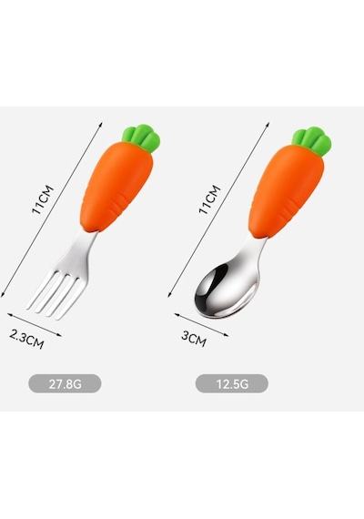 Jojobebek Kaşık Çatal Seti, Ergonomik Kısa Saplı Silikon, Paslanmaz Çelik Uçlu, Saklama Kutulu, (9-24 Ay) (HAVUÇ FİGÜRLÜ)