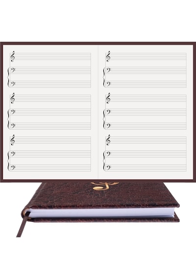 Müzik Nota Defteri - Kadro-piyano, Org% 100 El Yapımı, El Dikişi, İplik Dikiş Kuşe Ciltli A/5 - Kahve-beyaz