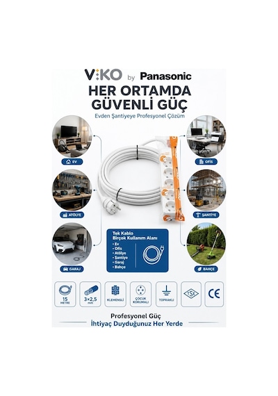 Viko Grup Priz 5'li, 15 Metre Uzatma Kablosu, 3x2.5 Kalın Cca Kablo - Premium Kalite, Çocuk Korumalı, Terminal Ve Klemens Bağlantılı 15 M