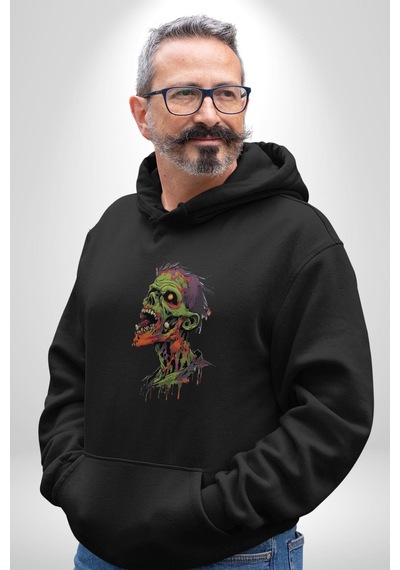 Zombi Kafası Kadın Erkek Siyah Kapüşonlu Sweatshirt Hoodie Siyah