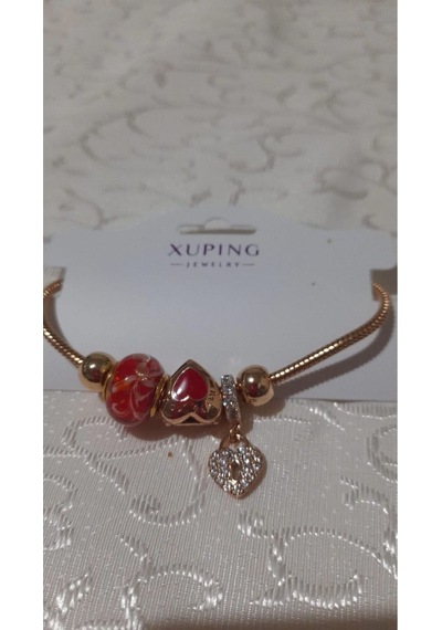 Uzel Xuping Gold Altın Renk Kırmızı Kap, Kırmızı Boncuklu, Taşlı Kalp Charmlı Çelik Bileklik Kırmızı