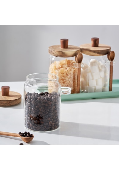 Qerhome 3'lü Borosilikat Cam Akasya Kapaklı Ve Kaşıklı Kavanoz Seti 450 Ml Şeffaf