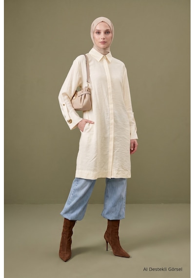 Armine Trend Gizli Düğmeli Yandan Cepki Klasik Yaka Tunik 98 Cm Boy Taş 26kt455