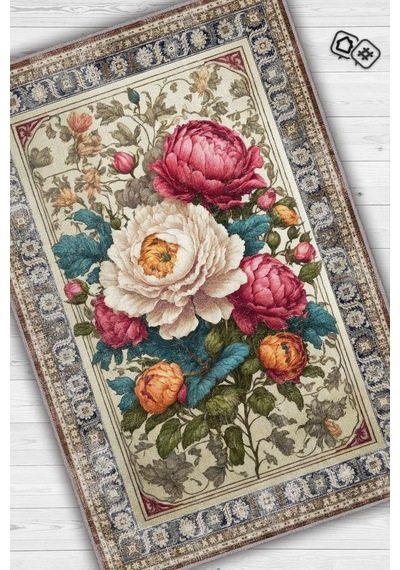 Homshtag Art Deco Şakayık Çiçeği Vintage Halı Görünümlü Dijital Baskı Renkli Halı Rustik Çiçek Halı Çok Renkli