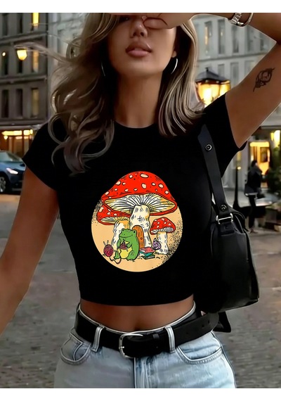 Noıssey Kurbağa Kinting Mantar Baskılı Babby Teet-shirt Yaz Yumuşak Yüksek Elastik Üstler O-boyun K Siyah