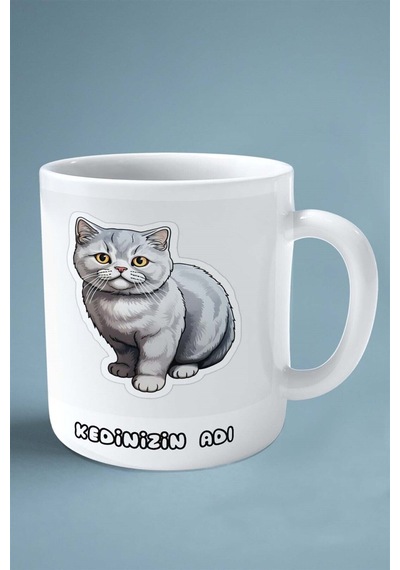 British Shorthairt Kedi İsimli Kişiye Özel Baskılı Kupa Bardak Gri Çok Renkli