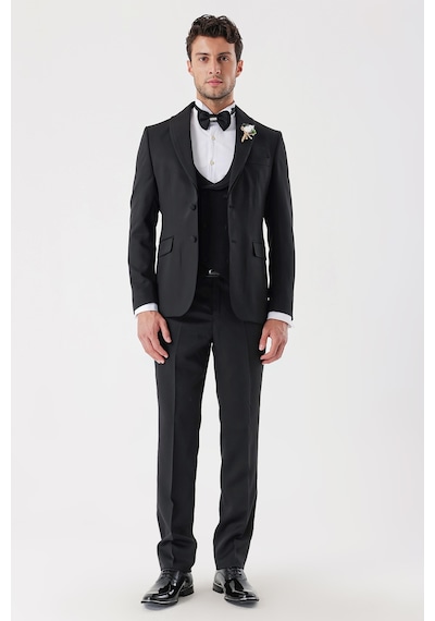 İmza Siyah Desenli Armürlü Çıkarılabilir Şal Yaka Kruvaze 6 Drop Slim Fit Smokin Damatlık Takım 1001230214-Siyah