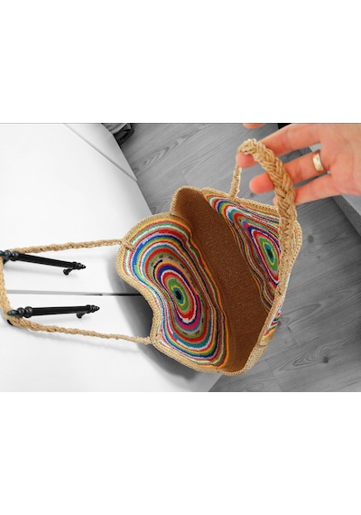 Kemzey Handmade Yuvarlak Xxl Çizgili Tote , Kağıt İp El Yapımı Renkli Çanta Çok Renkli Sarı