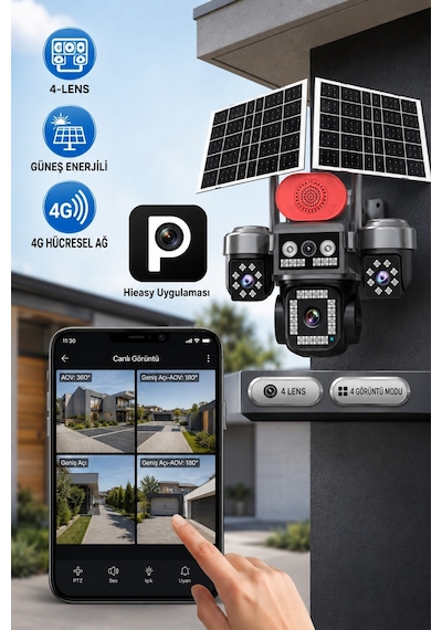 Viva Sim-840 Çift Güneş Panelli 4g Sim Kartlı Kablosuz 4 Lensli Güvenlik Kamerası 16mp Ptz 128gb Hafıza Kart Dahil Dahil