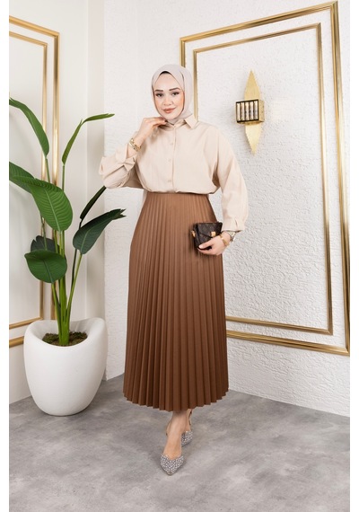 Hira Life Fashion Kadın Tesettür Giyim Ve Deri Görünümlü Beli Lastik Detayı İle Piliseli Uzun Etek Kahverengi Kahverengi Hira Life Fashion Kadın Tesettür Giyim Ve Deri Görünümlü Beli Lastik Detayı İle Piliseli Uzun Etek Kahverengi Kahverengi
