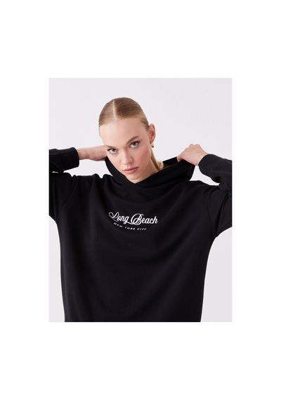 LC Waikiki Lcwaıkıkı Basic Siyah Baskılı Uzun Kollu Oversize Kadın Hoodie Black