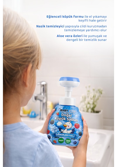 Doğal Çocuk Köpük El Sabunu 350 Ml Orman Meyveli Kokulu Vegan Parabensiz Çiçek Şekilli Mavi Köpük