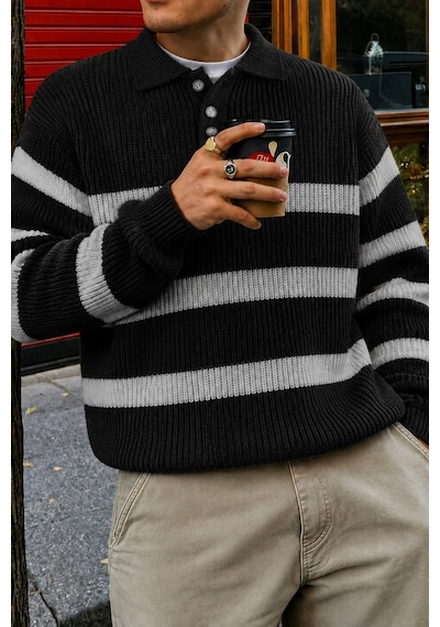 Erkek Çizgili Polo Yaka Triko Kazak Regular Rahat Kalıp Günlük Şık Triko Siyah