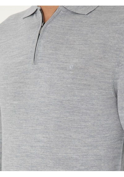 Cacharel Gri Regular Fit Yün Karışımlı Fermuarlı Polo Yaka Basic Triko Kazak