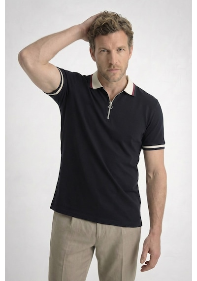 Tudors Erkek Slim Fit Dar Kesim %100 Pamuk Kısa Kollu Yarım Fermuarlı Siyah Polo Yaka Tişört-50743