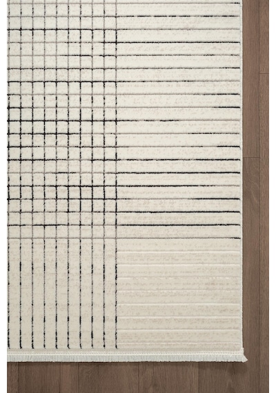 Look Black Lb001w Krem Halı Siyah Dekoratif Çizgili Modern Desen Akrilik Yumuşak Tozuaz Salon Halısı-892 Krem