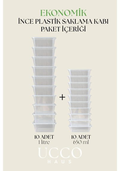 20 10+10 Adet Ekonomik Saklama Kabı Seti 10x650 Ml 10x1000 Ml Mikrodalga Buzluk Dondurucu Erzak Şeffaf