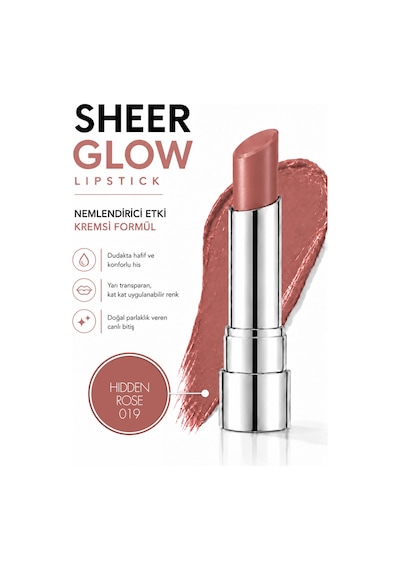 Pierre Cardin Sheer Glow Lipstick - Parlak Bitişli Nemlendirici Ruj - Hidden Rose - 019 0
