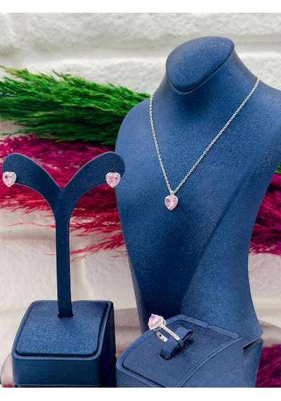 925 Ayar Gümüş Pembe Kuvars Taşlı Özel Tasarım 3 Lü Trend Kadın Takı Seti Gümüş