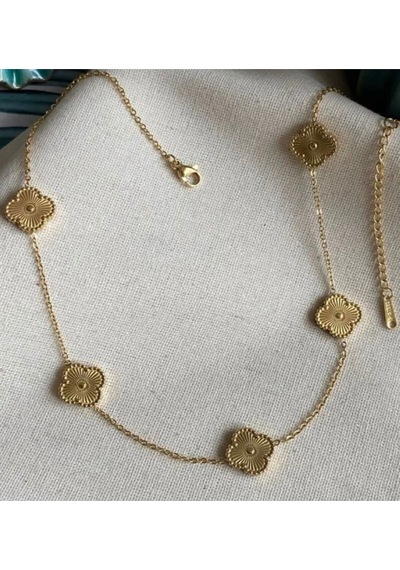Gold Renk Yonca Desenli Çelik Kolye Sarı