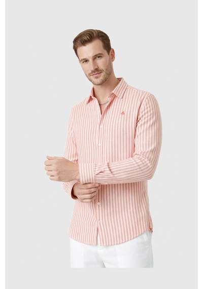 Rizzup Turuncu Slim Fit Çizgili %100 Pamuk Erkek Gömlek Nefes Alan Şık Günlük Gömlek 2602626