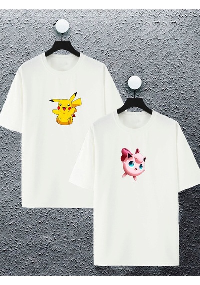 Unisex Kadın Erkek Pikachu Jigglypuff Baskılı Sevgili Çift Kombini Tasarım Oversize T-shirt 2'li Set Beyaz Mck2450 Beyaz