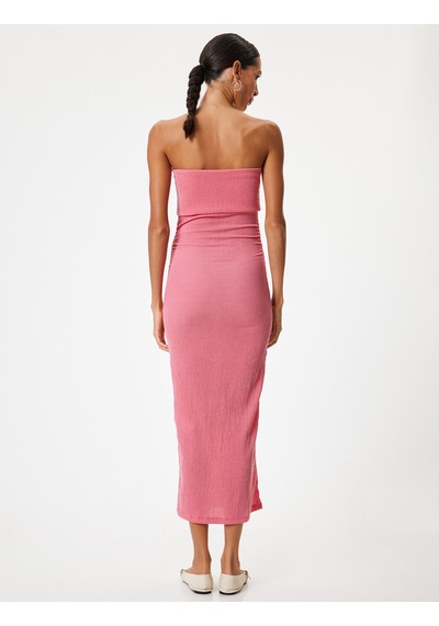 Koton Straplez Elbise Midi Bodycon Bürümcük Kolsuz Drapeli Slim Fit Pembe 4sal80231ık Gül