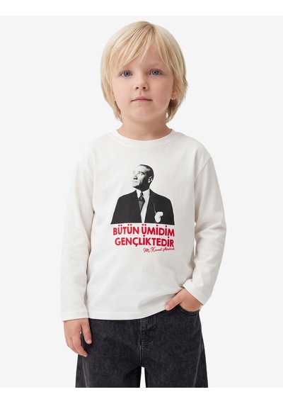 Koton Atatürk Baskılı Pamuklu Bisiklet Yaka Uzun Kollu Tişört Ekru 7wmb10179tk