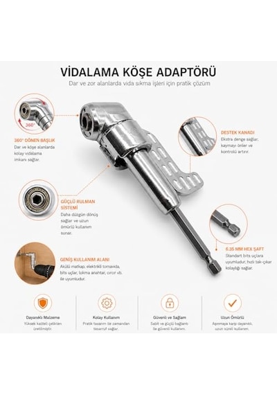 Orret Home 90 Derece Vidalama Köşe Adaptörü 360 Döner Başlıklı Matkap Aparatı Dar Alan Vida Sıkma Ucu 6.35mm Hex Şaft Profesyonel Açılı Adaptör 0.1 M