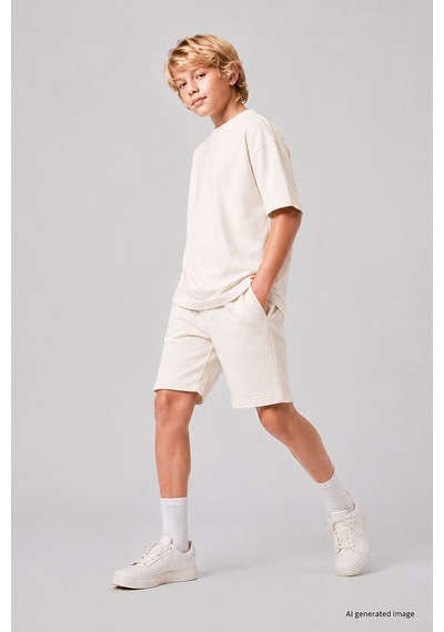 TOMMYLIFE Ekru Oversize Fit Basic Erkek Çocuk Şort Takım - 11335