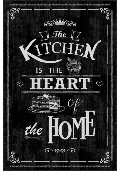 Siyah Kaymaz Tabanlı Kitchen Yazılı Mutfak Halısı Ar465n11