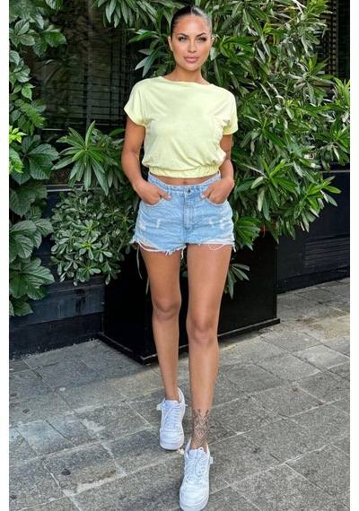 Kadın Sarı Yarım Kol, Geniş Yaka, Tek Cepli, Beli Lastikli Rahat Crop Bluz Sari