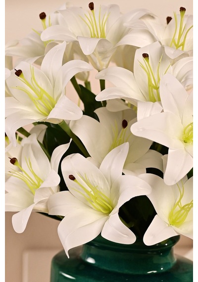 Beyaz Yapay Lilyum Çiçeği 9 Dallı Premium Canlı Islak Dokulu 55 Cm