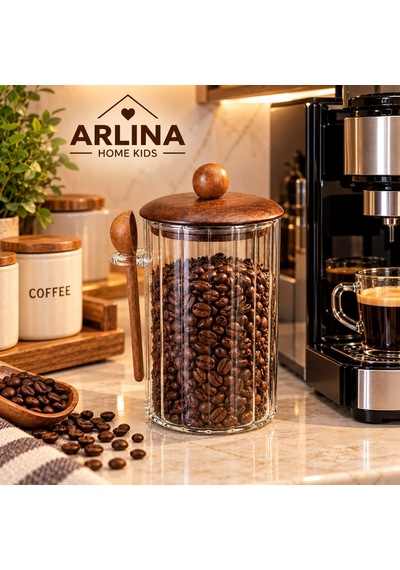 1000ml Akasya Kapaklı Kaşıklı Cam Kavanoz Şeffat Cam - Akasya Ahşap Kapak