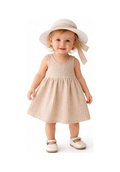 Chicsy Baby Tatlı Kız Bebek Tarz Elbise Şapkalı Fiyonk Detaylı Yazlık 2 Li Kombin Bej
