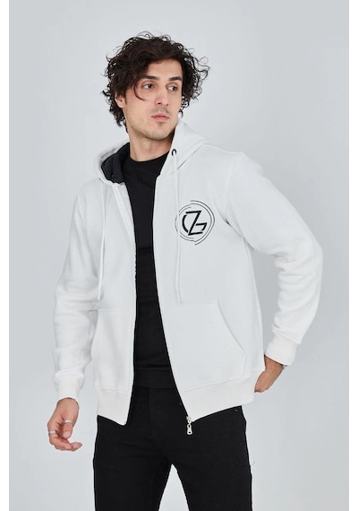 Erkek 3 İplik Pamuklu Fermuarlı Kapüşonlu Kanguru Cepli Baskılı Hoodie Hırka Sweatshirt - Beyaz