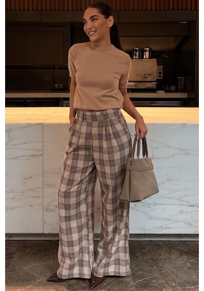 Madmext Bej Kare Desenli Rahat Kesim Pantolon Mg2728