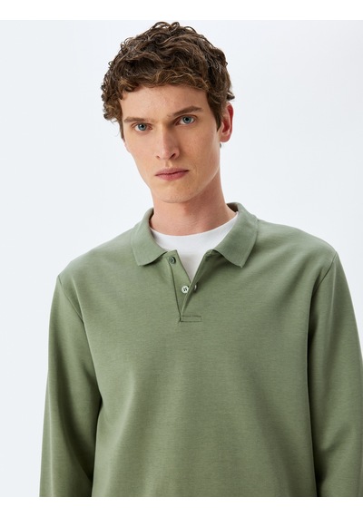 Koton Pamuklu İnterlok Kumaş Polo Yaka Sweatshirt Haki 5sam70003mk Haki