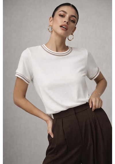 Kadın Beyaz Bisiklet Triko Yaka Kısa Kollu Basic T-shirt Beyaz