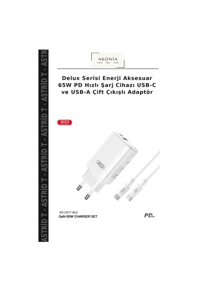 Delux Serisi Enerji Aksesuar 65w Pd Hızlı Şarj Cihazı Usb-c Ve Usb-a Çift Çıkışlı Adaptör