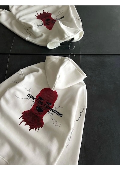 Üç İplik Kapşonlu Baskılı Oversize Sweatshirt- Beyaz Beyaz