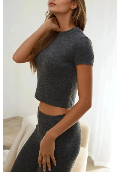 Hiccup Slim Fit Triko Crop Bluz Kömür Grisi