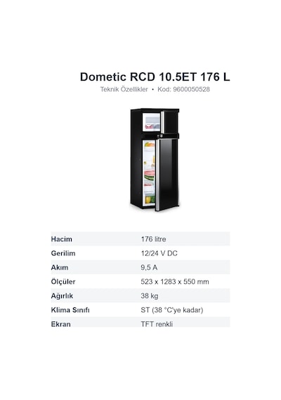Dometic Rcd 10.5et Kompresörlü Karavan Buzdolabı 176 L 12/24 V, Tft Ekran, Çift Yönlü Kapı 96000505
