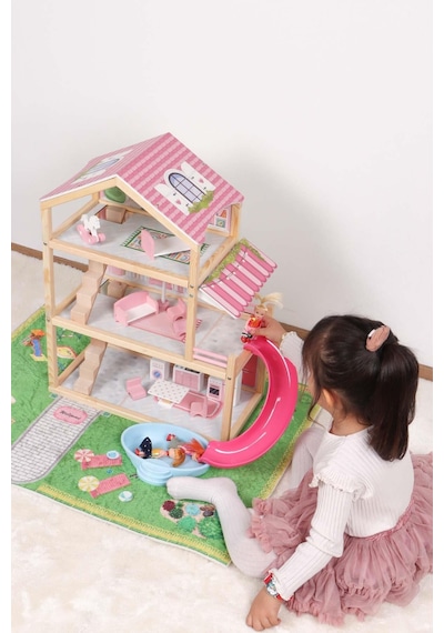 Pembe Ahşap Kaydıraklı Oyun Evi, Ahşap Oyun Evi, Çocuk Halısı T2010
